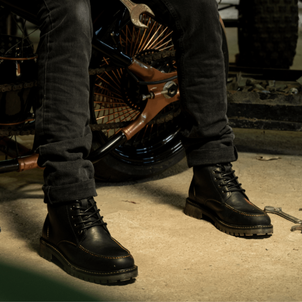 Moc Toe Black Leather Motorcycle Boots | Trip Machine Boots