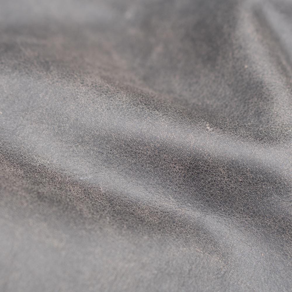 'ol Bobber' | Classic Leather Motorbike Jacket in Distressed Charcoal Brown close up of full leather grain