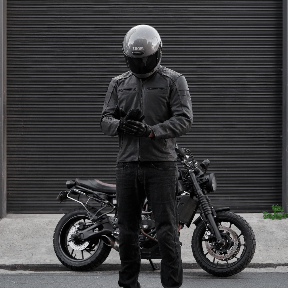 black leather jacket classic look shoei glamster helmet