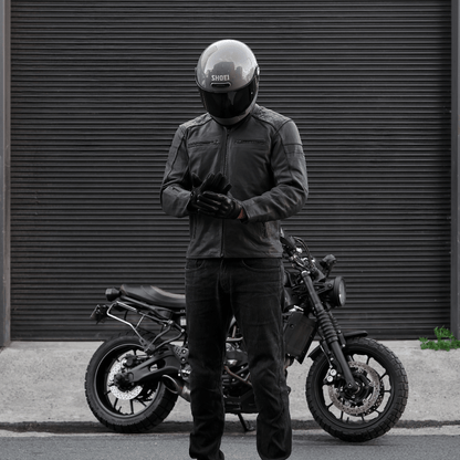 black leather jacket classic look shoei glamster helmet