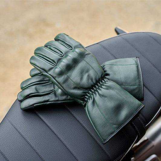*NEW* GEN 2 'The Original' Double Length Gauntlet | Extra Long Warm Motorbike Gloves | British Racing Green Leather