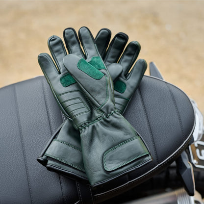 *NEW* GEN 2 'The Original' Double Length Gauntlet | Extra Long Warm Motorbike Gloves | British Racing Green Leather
