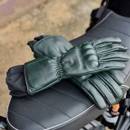 *NEW* GEN 2 'The Original' Double Length Gauntlet | Extra Long Warm Motorbike Gloves | British Racing Green Leather