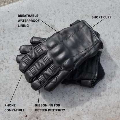 'Shorties' 2.0 Short Waterproof Motorbike Glove | Black Leather with Hipora Waterproof Membrane