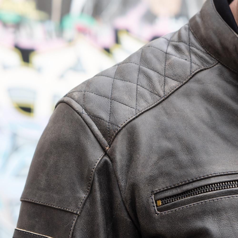 'ol Bobber' | Classic Leather Motorbike Jacket in Distressed Charcoal Brown close up of right shoulder stitching
