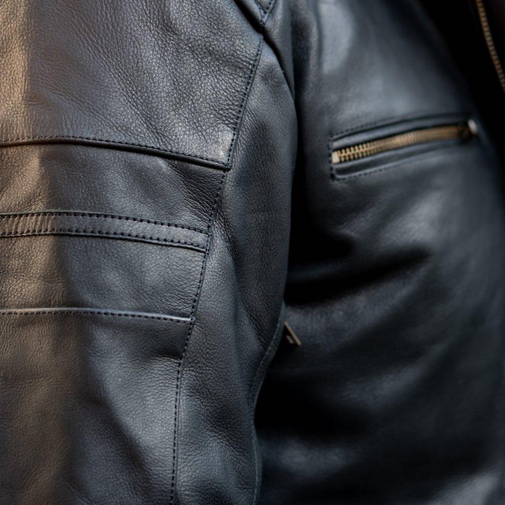Black Leather Motorbike Jacket close up of right arm