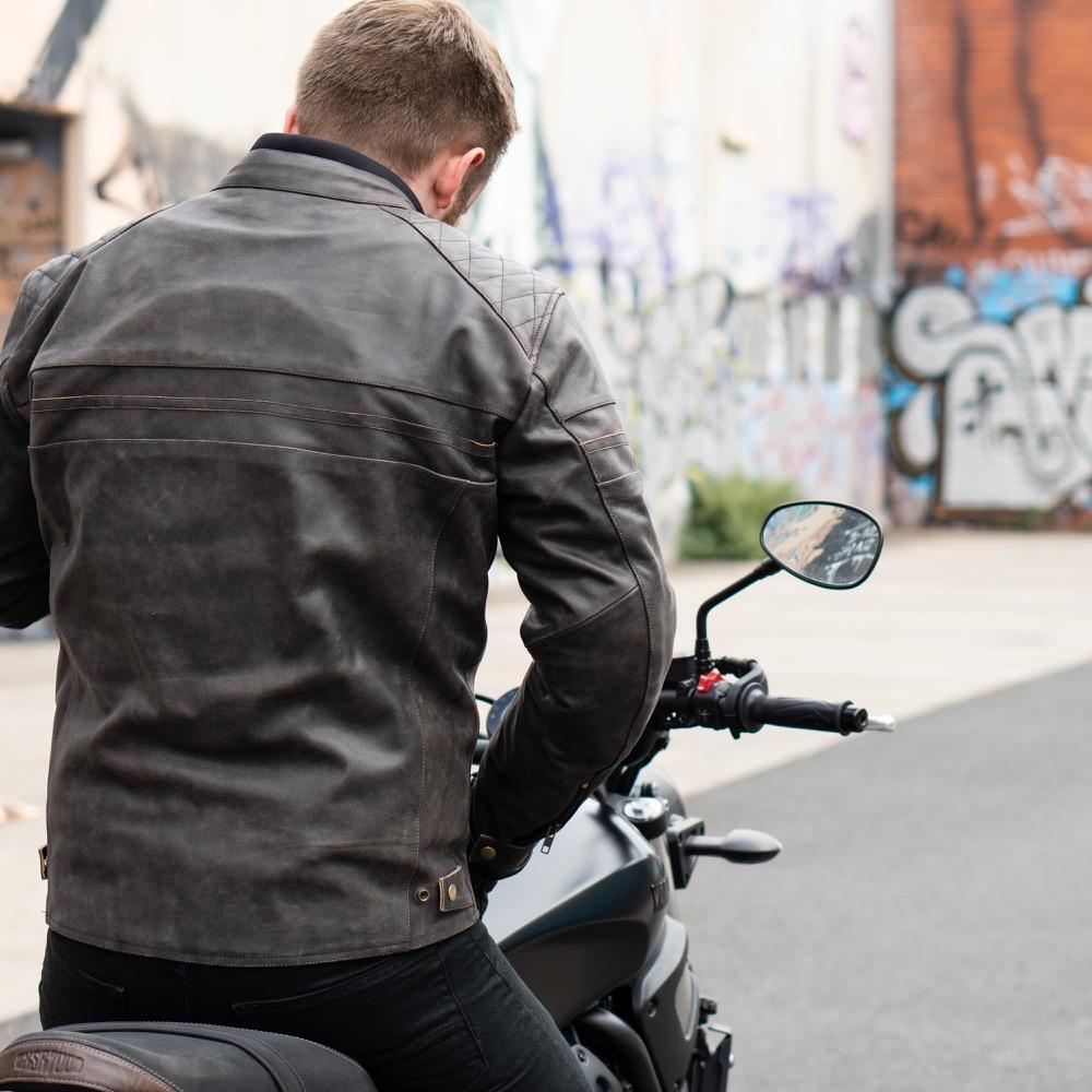 'ol Bobber' | Classic Leather Motorbike Jacket in Distressed Charcoal Brown pictured from behind