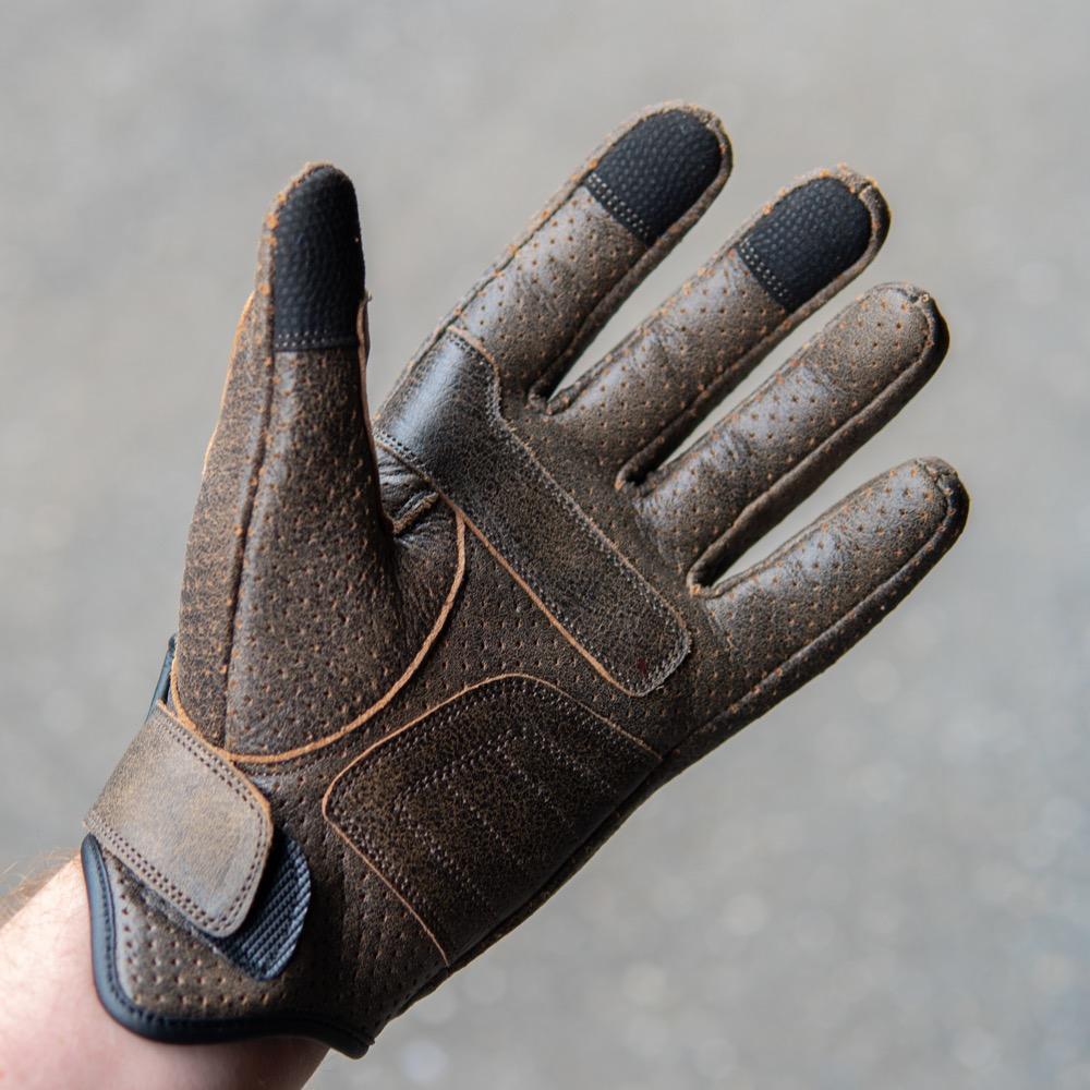 Thumpa's Short Cuff Brown Leather Motorbike Gloves showing palm with extra protection on impact points