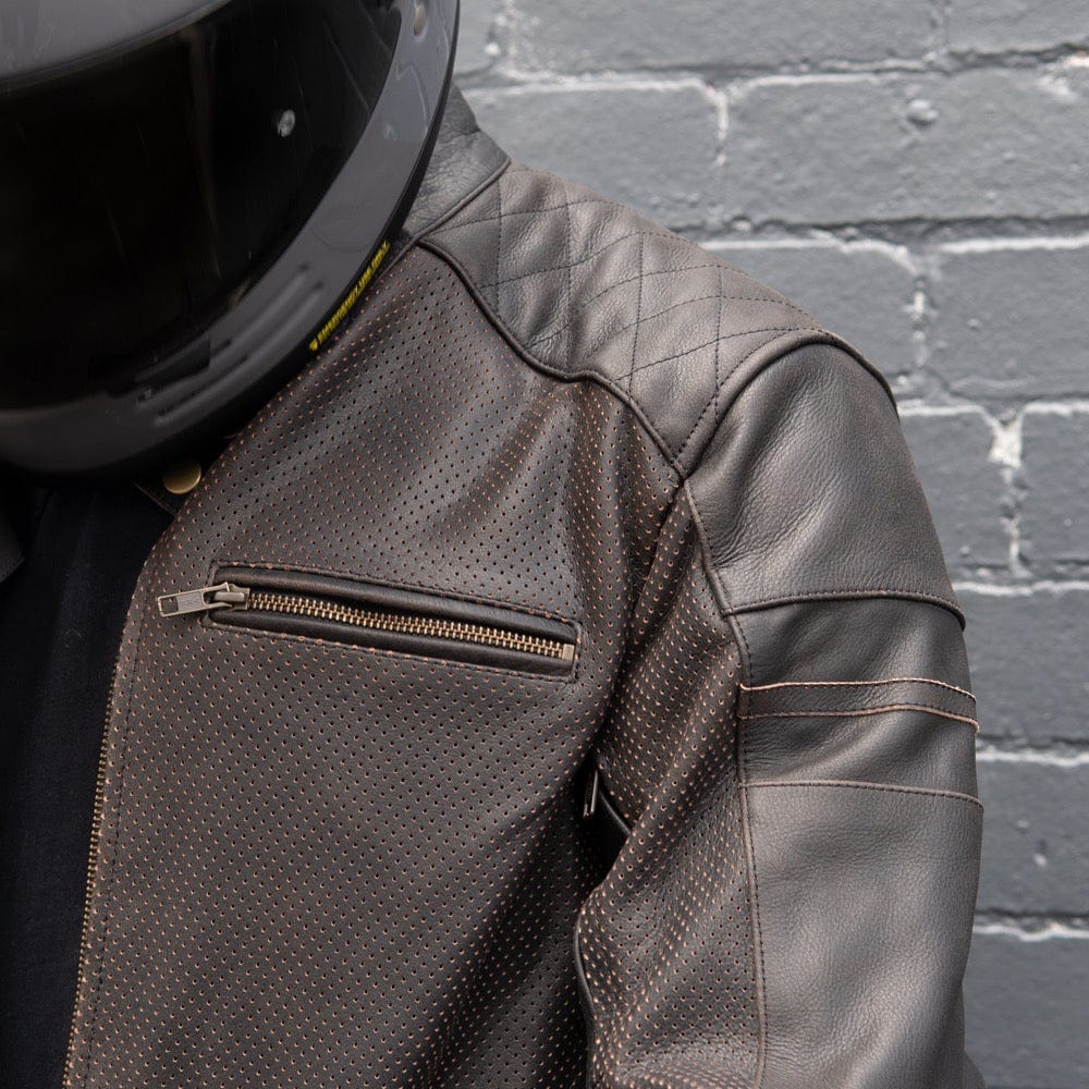 SUMMER VERSION 'ol Bobber' | Classic Perforated Leather Motorbike Summer Jacket | Distressed Charcoal Brown Full Grain Leather