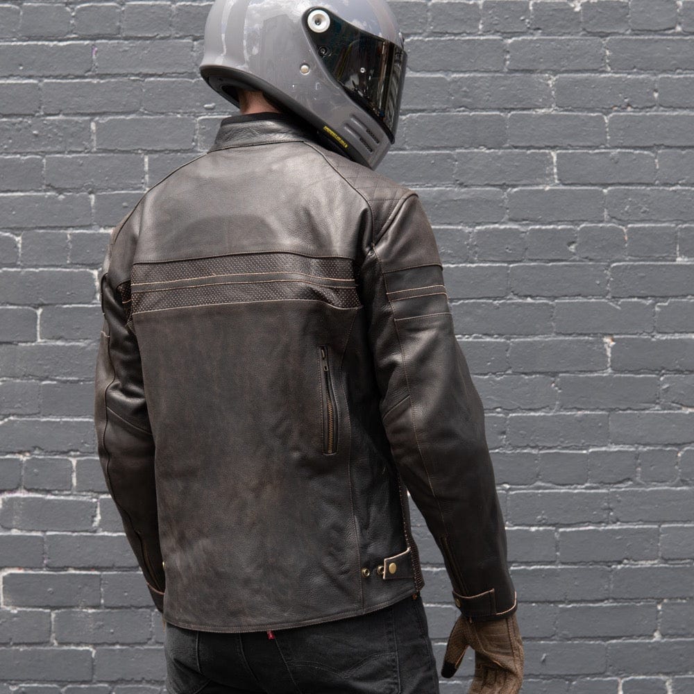 SUMMER VERSION 'ol Bobber' | Classic Perforated Leather Motorbike Summer Jacket | Distressed Charcoal Brown Full Grain Leather