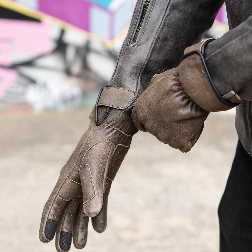 'ol Bobber' | Classic Leather Motorbike Jacket in Distressed Charcoal Brown Paired with The Original Brown Leather Gloves