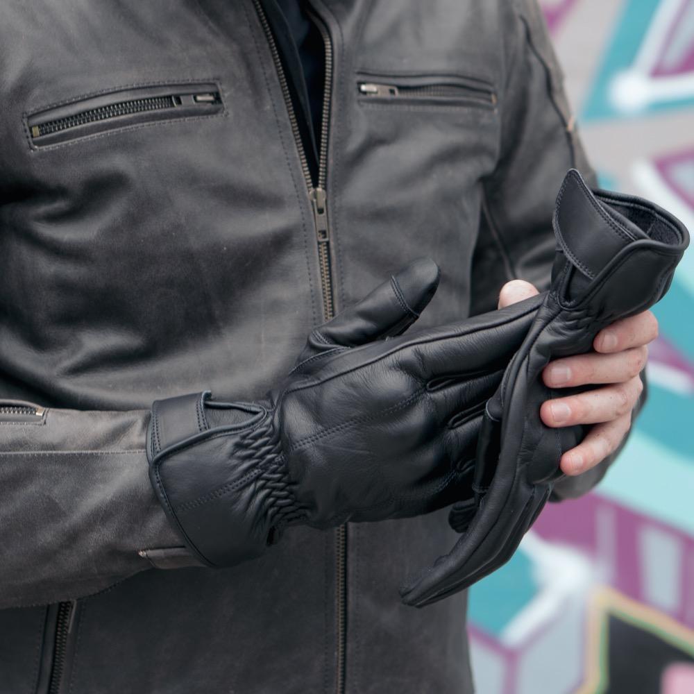 'ol Bobber' | Classic Leather Motorbike Jacket in Distressed Charcoal Brown paired with Black Classic Gloves