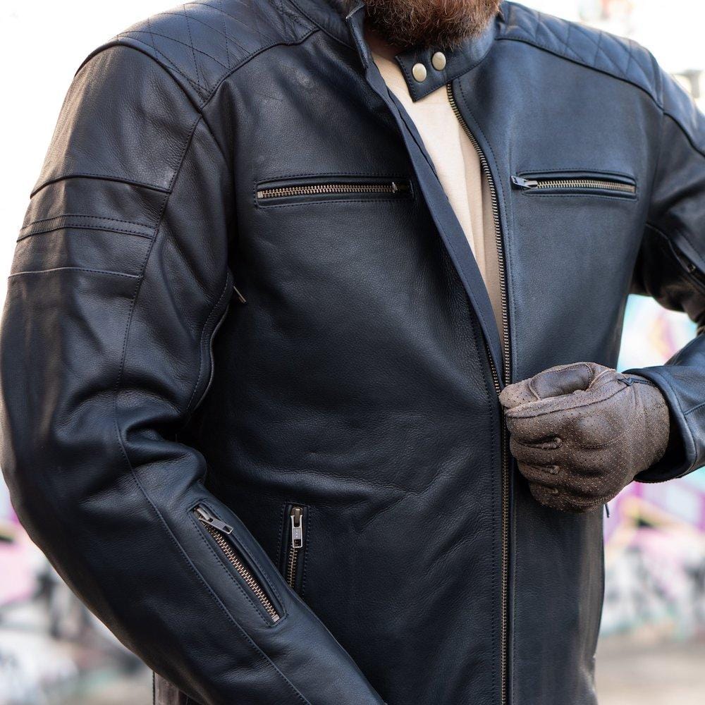 Black Leather Motorbike Jacket being zipped up