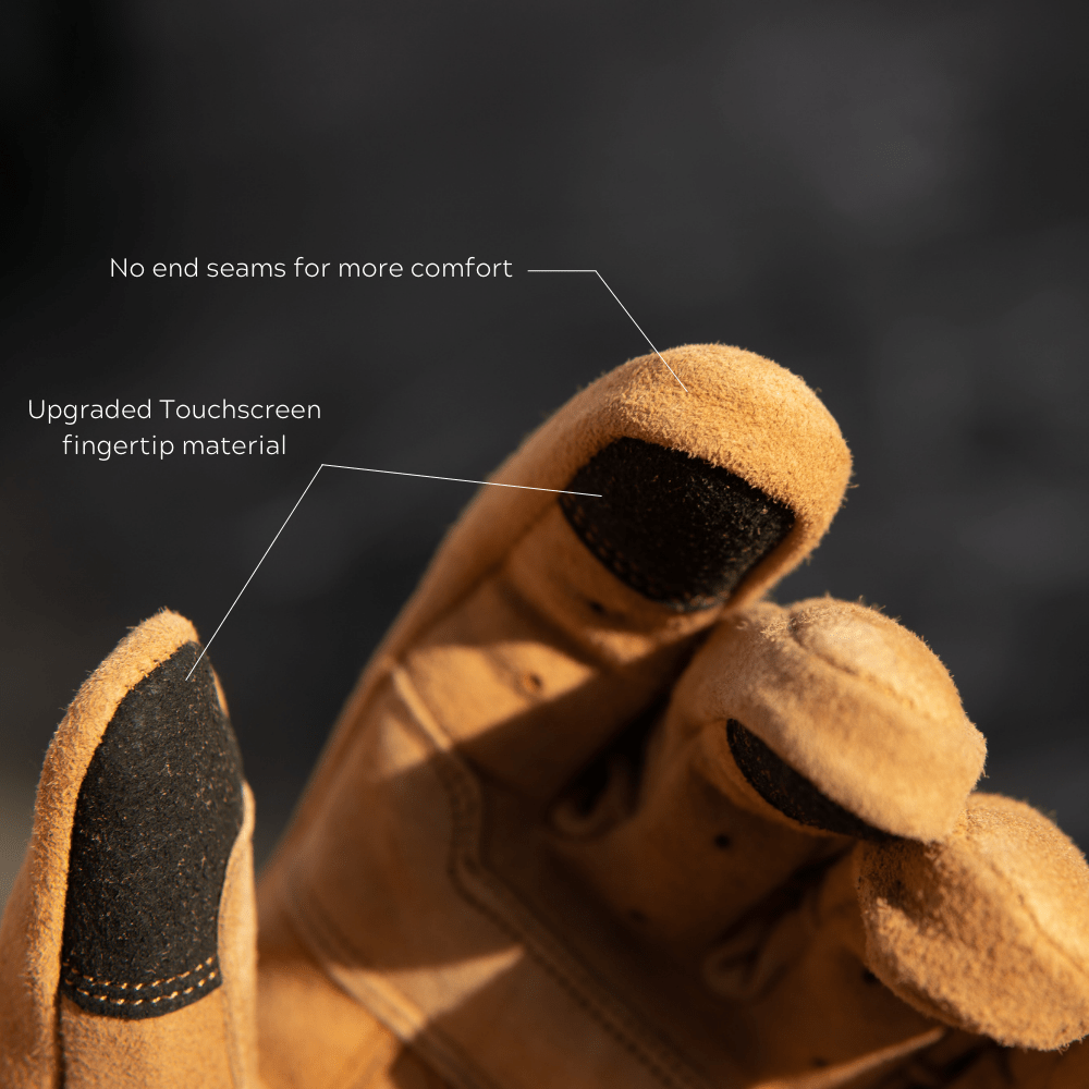 Tan Suede Motorcycle Gloves showing comfortable seam design and touch screen compatible material on fingertips. 