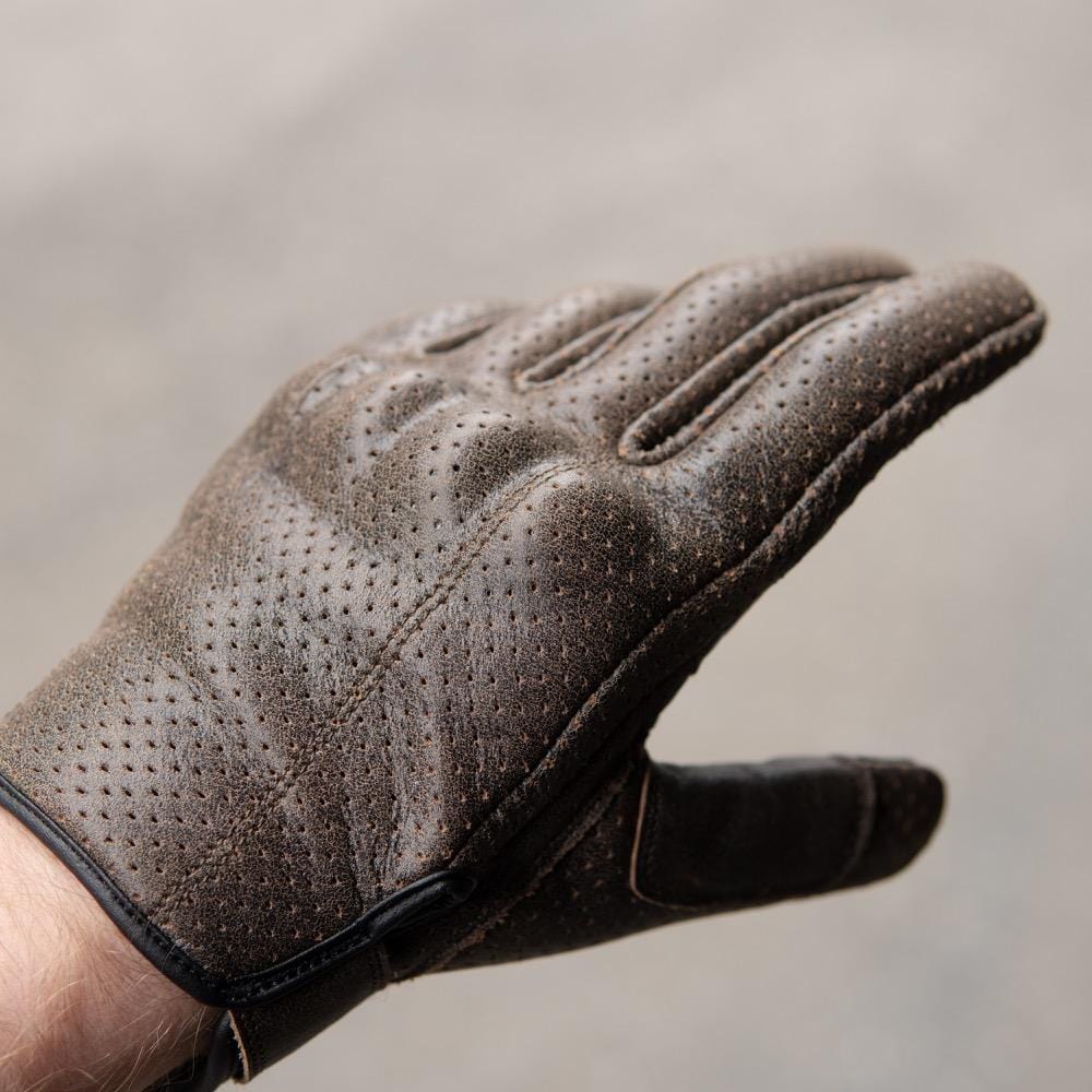 Thumpa's Short Cuff Brown Leather Motorbike Gloves showing back of glove