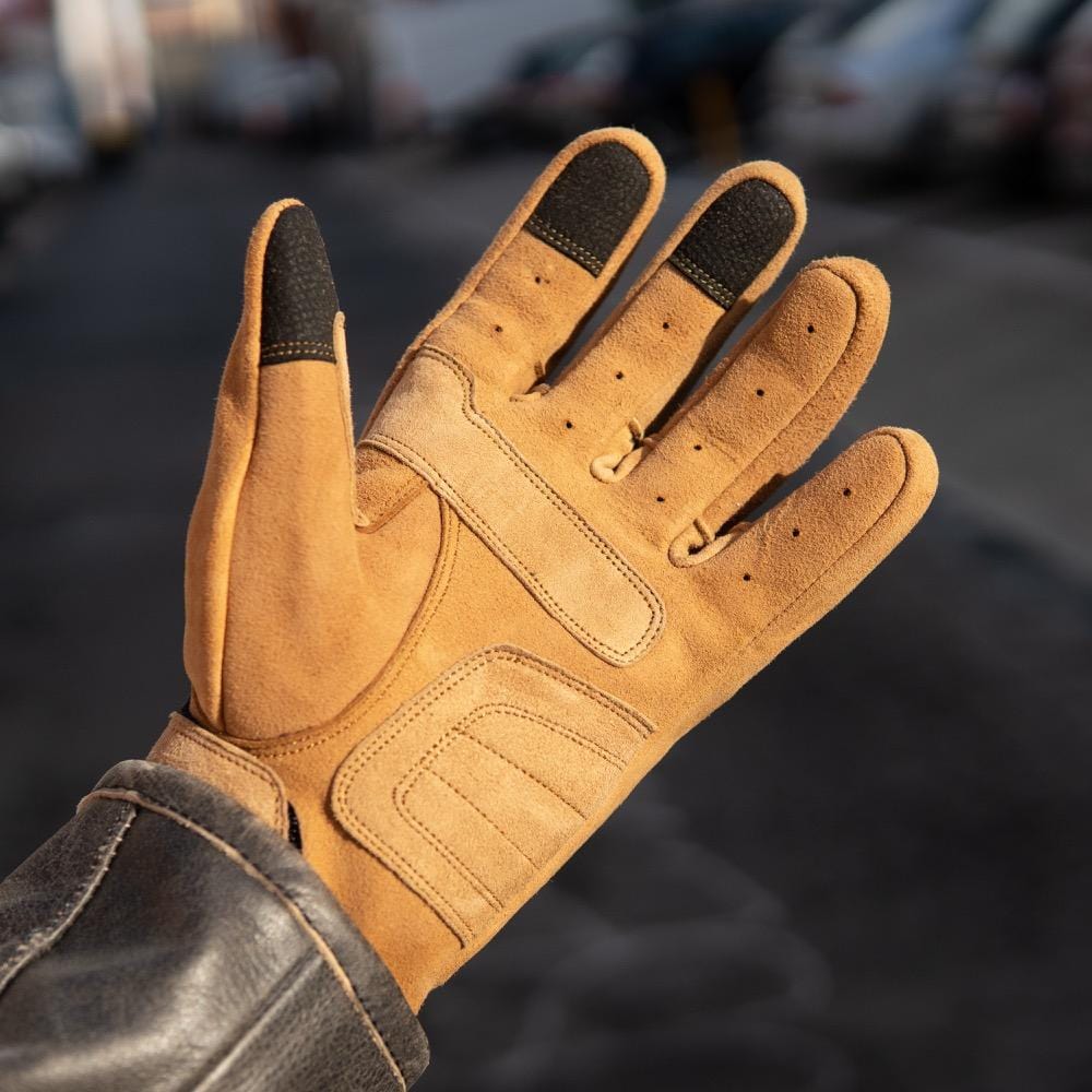 Tan Suede Motorcycle Gloves showing under side of gloves and the extra protection on impact zones