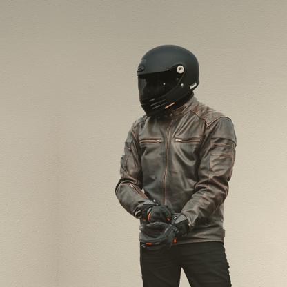 'ol Bobber' | Classic Leather Motorbike Jacket | Distressed Charcoal Brown Full Grain Leather